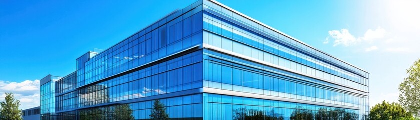 Obraz premium Modern office building with large glass windows reflecting the blue sky, surrounded by greenery, showcasing contemporary architecture.