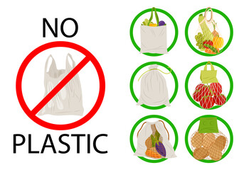 No plastic. Plastic bag crossed out in a red circle. Environmental protection. Ecology. Alternate plastic bag. Textile shopping bags. Illustration in flat style.