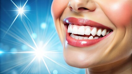 Fototapeta premium Gleaming smile with pearly whites, shiny teeth, and healthy gums against a bright blue background, showcasing effective dental whitening results.