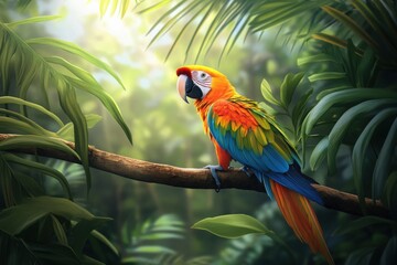 A colorful parrot perched on a tree branch, with lush tropical foliage around it