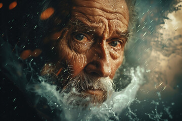 Scary storm day, person in danger under tsunami storm thunderstorm lightning, Generative AI