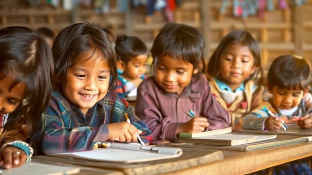A group of children are sitting at a desk with books and writing utensils. They are smiling and seem to be enjoying themselves. Concept of learning and camaraderie among the children