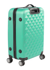 One closed turquoise suitcase isolated on white