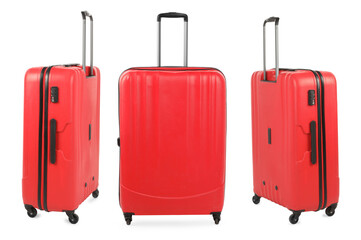 Set of red suitcase on white background, view from different sides