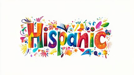 A colorful text Hispanic design on white background. National hispanic heritage month festival, Latin america culture, tradition and art.