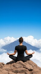 Fototapeta premium woman meditating on mountain peak overlooking clouds and blue sky - peaceful serene yoga practice in nature