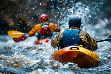 Happy people spending summer time kayaking fishing boating hobby water sports, Generative AI photo