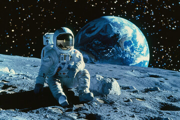 Closeup Generative AI picture of astronaut male female floating through space galaxy planet moon stars