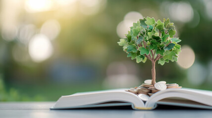 A conceptual image of a tree growing from an open book and a pile of coins, symbolizing the interconnected growth of knowledge and financial prosperity.