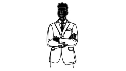 a black man in suit and tie with crossed arms line art drawing