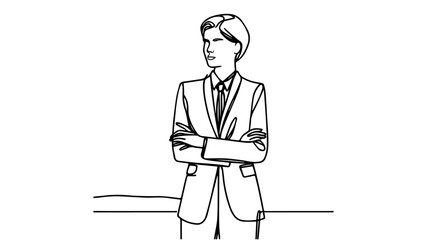 standing full body of a woman in suit and tie with crossed arms one line drawing