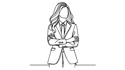 standing full body of a woman in suit and tie with crossed arms single line vector