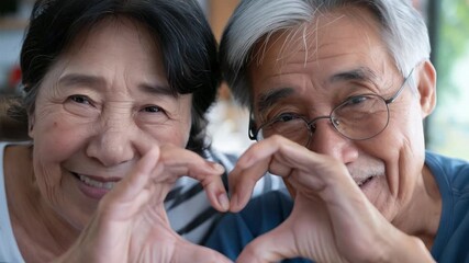 Close up of happy, sincere Asian, middle aged, elderly retired couple, retired family making heart gesture with fingers showing love or sincere feelings together in home, looking at camera. - Powered by Adobe