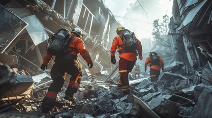 Three firefighters are walking through a rubble area