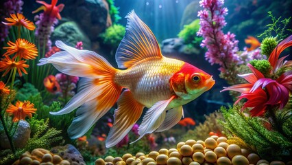 Luxurious aquarium houses an ornate, crimson-scaled goldfish with flowing fins, surrounded by elegant seaweed and lavish decorations, exuding opulence and refinement.