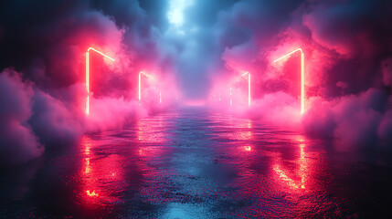  A dark, foggy scene with a long, wet path.