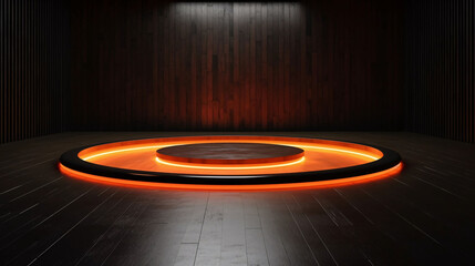 Black and orange Background, Contemporary Minimalistic Circular Floor Design with Orange Lights in 8K 3D, Showcasing Minimalism in a Dark and Brooding Style with a Clean Ceramic Background