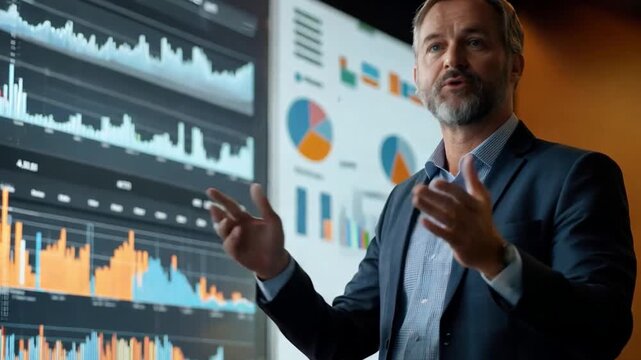 Financial advisors offer stock market analysis and investment strategies. With a large screen showing information