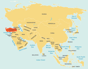 Highlighted map of TURKEY inside detailed blank flat political map of the Asian continent on isolated background