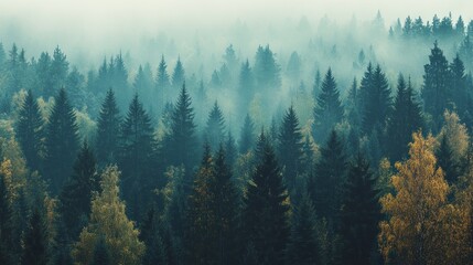 Misty Evergreen Forest with a Glimpse of Autumn Colors