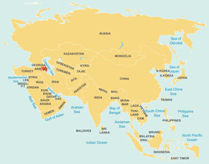 Fototapeta premium Highlighted map of AZERBAIJAN inside detailed blank flat political map of the Asian continent on isolated background