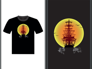 Boat on Sunset Vector T-Shirt Design