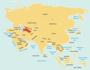 Naklejka premium Highlighted map of TURKMENISTAN inside detailed blank flat political map of the Asian continent on isolated background