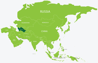 Highlighted map of TURKMENISTAN inside detailed blank flat political map of the Asian continent on isolated background