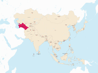 Highlighted map of TURKMENISTAN inside detailed blank flat political map of the Asian continent on isolated background
