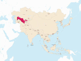 Fototapeta premium Highlighted map of UZBEKISTAN inside detailed blank flat political map of the Asian continent on isolated background