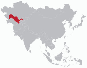 Highlighted map of UZBEKISTAN inside detailed blank flat political map of the Asian continent on isolated background