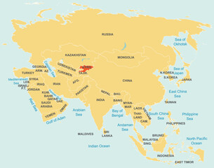 Fototapeta premium Highlighted map of KYRGYZSTAN inside detailed blank flat political map of the Asian continent on isolated background