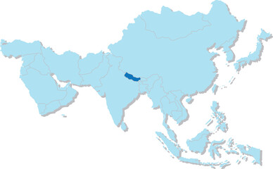 Highlighted map of NEPAL inside detailed blank flat political map of the Asian continent on isolated background