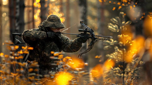 An adult man hunting with a recurved crossbow in the forest on an autumn day.