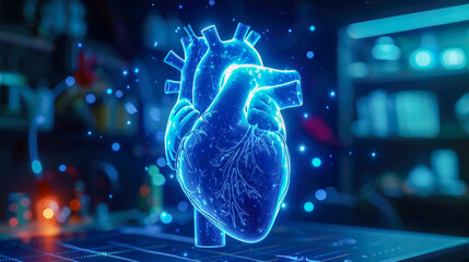 Futuristic glowing hologram of the human heart, formed by interconnected lines and triangles on a blue background. Anatomical medical healthcare and cardiology concept