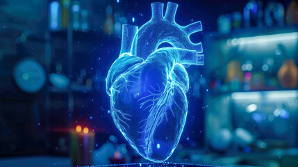 Futuristic glowing hologram of the human heart, formed by interconnected lines and triangles on a blue background. Anatomical medical healthcare and cardiology concept