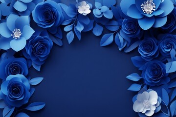 The wall is composed of concrete and granules. The border is adorned with intricately sculpted blue roses and twigs, branches, leaves, ivy, and vines.