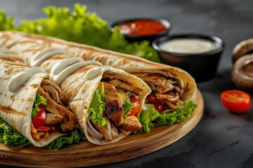 Chicken wrap - tortilla bread, served with fries. Beautiful simple AI generated image