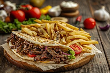 meat wrap - tortilla bread served with french fries on isolated white background. Beautiful simple AI generated image