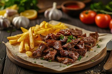 Doner kebab on a plate with french fries, salad and sauce close-up on a table. Horizontal top view. Beautiful simple AI generated image