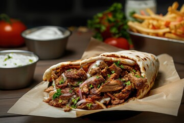 Chicken wrap - tortilla bread, served with fries. Beautiful simple AI generated image