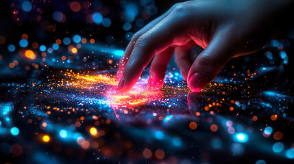 Hand of human touching a virtual screen futuristic technology digital.