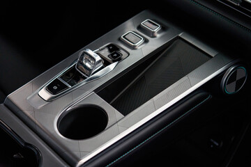 Close-up of the interior and center console of a new energy electric car