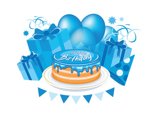 Happy birthday party with blue cake, gift box, balloons and confetti vector illustration. Birthday blue cake and presents icon set isolated on white background