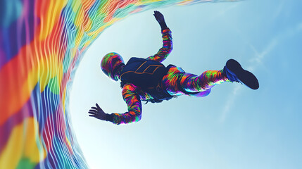 A skydiver spinning in mid-air with a colorful, reflective suit, captured from above to show the dizzying rotation and the mesmerizing pattern of their suit.


