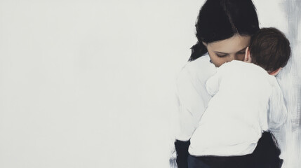 A mother embraces her child lovingly, captured in soft, emotional artwork with minimalistic detail, illustrating the essence of familial love and connection.