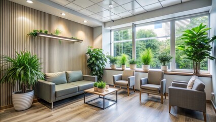Modern dentist office waiting area with comfortable seating, plants, and a large window, creating a calming atmosphere for patients before their appointment.