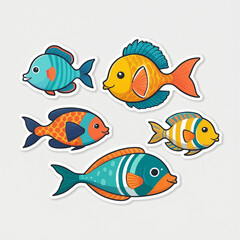 Naklejka premium Tropical fish sticker on white background. Colorful cartoon set of fish. Generated AI