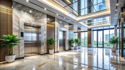 Modern elevator doors opening to a sleek, high-rise office building lobby with a polished marble floor and a stylish business center reception desk.