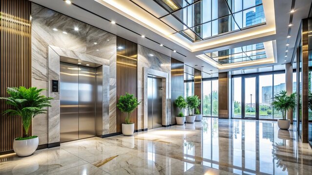 Modern elevator doors opening to a sleek, high-rise office building lobby with a polished marble floor and a stylish business center reception desk.